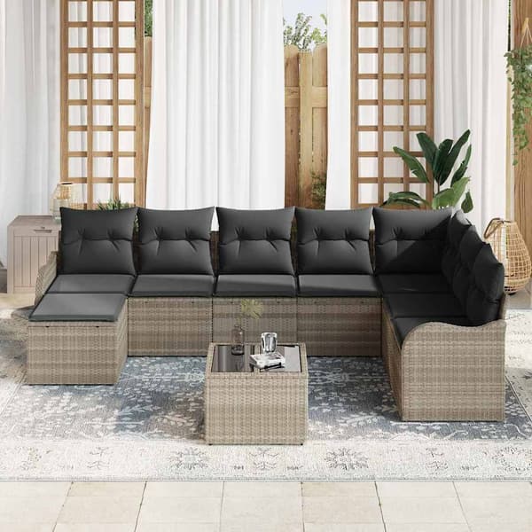vidaXL Trädgårdsoffset med kudde 9 pcs Ljusgrå Poly rattan