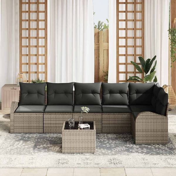 vidaXL Trädgårdsoffset med kudde 7 pcs Grå Poly rattan