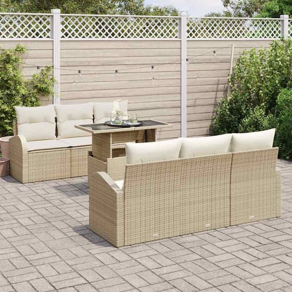 vidaXL Trädgårdsoffset med kudde med lagring 7 pcs Beige Poly Rattan