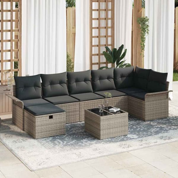 vidaXL Trädgårdsoffset med kudde med lagring 8 pcs Grå Poly rattan