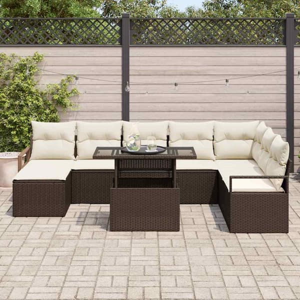 vidaXL Trädgårdsoffset med lagring 9 pcs Brun Poly rattan