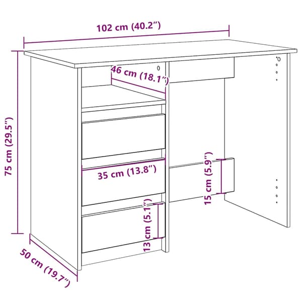 vidaXL Skrivebord artisan eik 102x50x75 cm konstruert tre