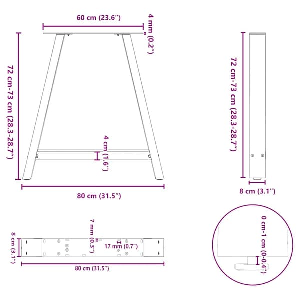 vidaXL Soffbordsben A-formade 2 st 80x(72-73) cm stål