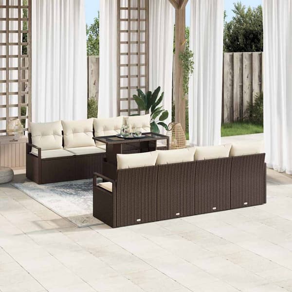 vidaXL Trädgårdsoffset med kudde med lagring 9 pcs Brun Poly rattan