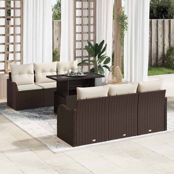 vidaXL Trädgårdsoffset med kudde 7 pcs Brun Poly rattan