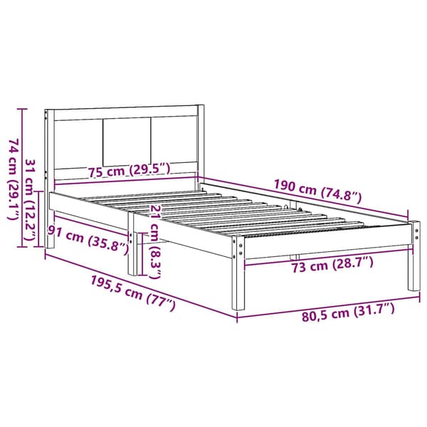 vidaXL Sängram Vit 75 x 190 cm Massivt tallträ