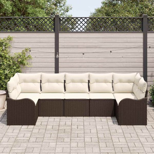 vidaXL Trädgårdsoffset med kudde 7 pcs Brun och vit Poly rattan