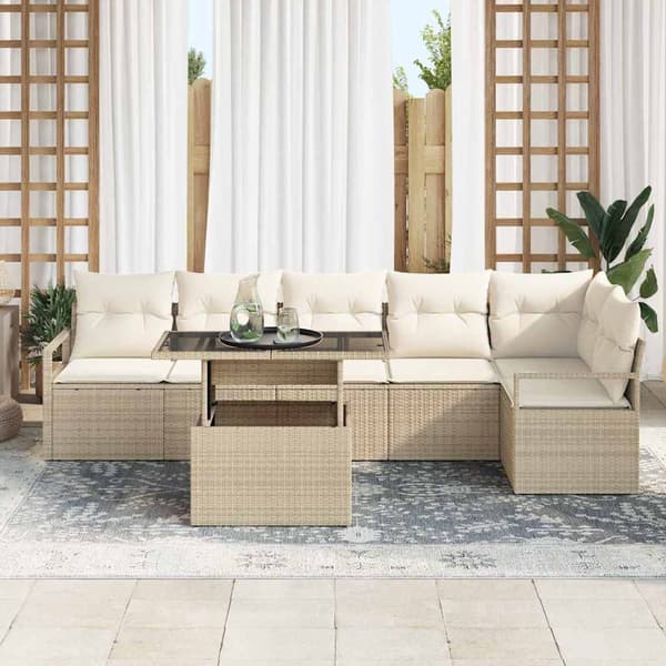 vidaXL Trädgårdsoffset med lagring 7 pcs Beige Poly rattan