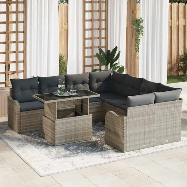 vidaXL Trädgårdsoffset med kudde 9 pcs Ljusgrå Poly rattan