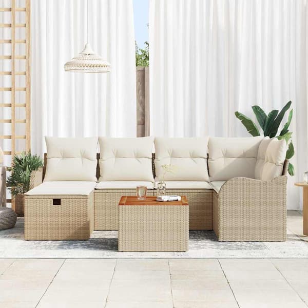vidaXL Trädgårdsoffset med kudde med lagring 7 pcs Beige Poly rattan