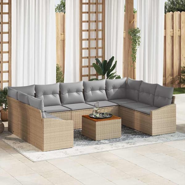 vidaXL Trädgårdsoffset med kudde 10 pcs Beige konstrotting