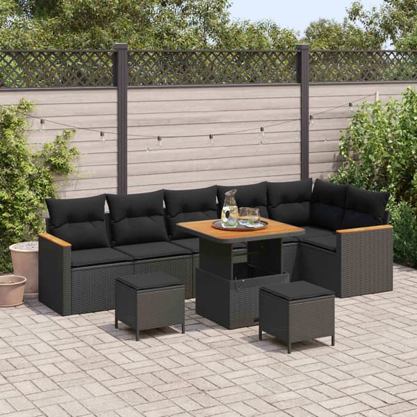 vidaXL Trädgårdsoffset med kudde 9 pcs Svart Poly rattan