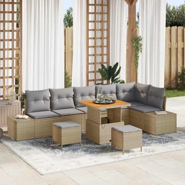 vidaXL Trädgårdsoffset med kudde 9 pcs Beige konstrotting