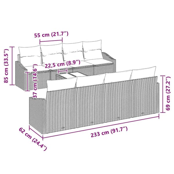 vidaXL Soffset med kudde 9 pcs Beige och Ljusgrå konstrotting
