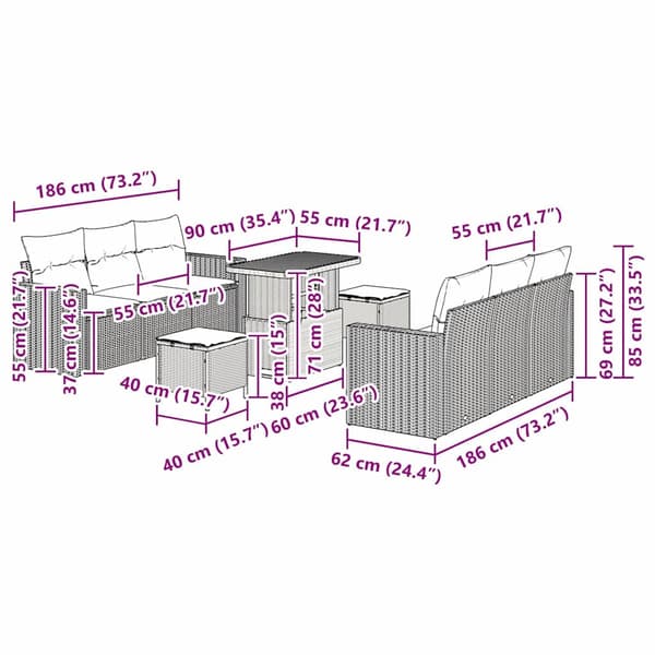 vidaXL Trädgårdsoffset 9 pcs Svart konstrotting