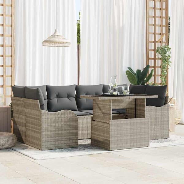 vidaXL Trädgårdsoffset med kudde 7 pcs Ljusgrå Poly rattan