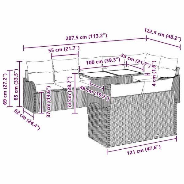 vidaXL Trädgårdsoffset med kudde med kudde 9 pcs Grå Poly Rattan
