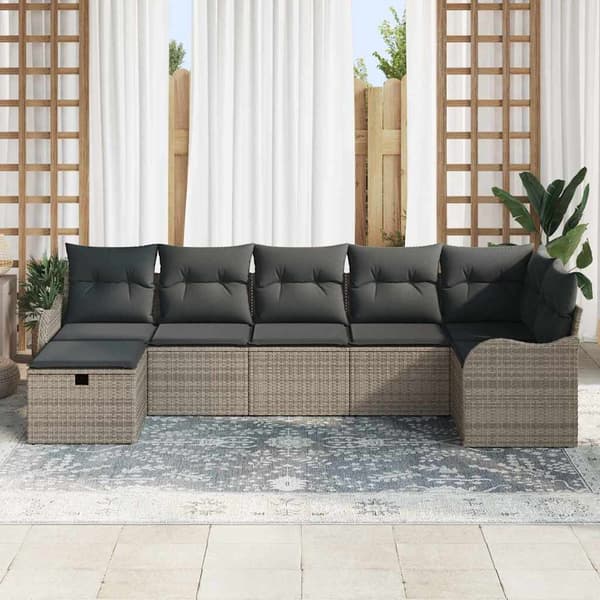 vidaXL Trädgårdsoffset med kudde med lagring 7 pcs Grå Poly rattan