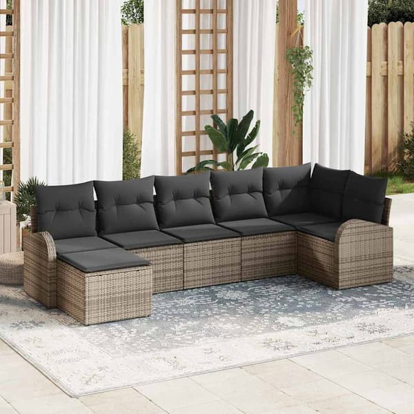vidaXL Trädgårdsoffset med kudde 7 pcs Grå Poly rattan