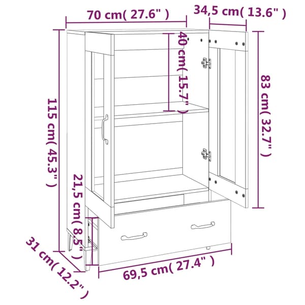 vidaXL Highboard hvit 70x31x115 cm konstruert tre