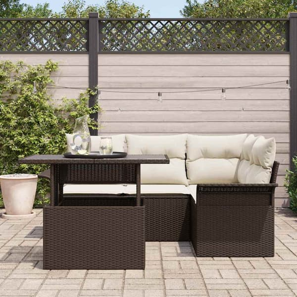 vidaXL Trädgårdsoffset med kudde 5 pcs Brun Poly rattan