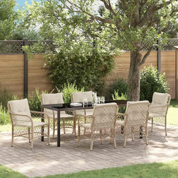 vidaXL Trädgårdsmöbelset med kudde 7 pcs Beige konstrotting