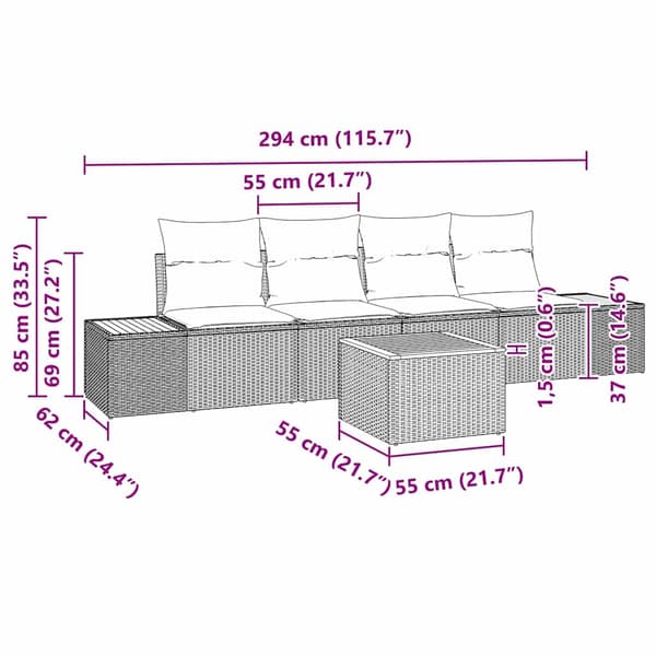vidaXL Trädgårdsoffset med kudde 5 pcs Grå Poly rattan