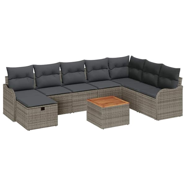 vidaXL Trädgårdsoffset med kudde med lagring 9 pcs Grå Poly rattan