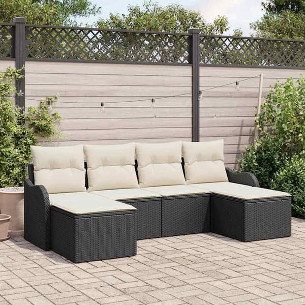 vidaXL Trädgårdsoffset med kudde 6 pcs Svart Poly rattan