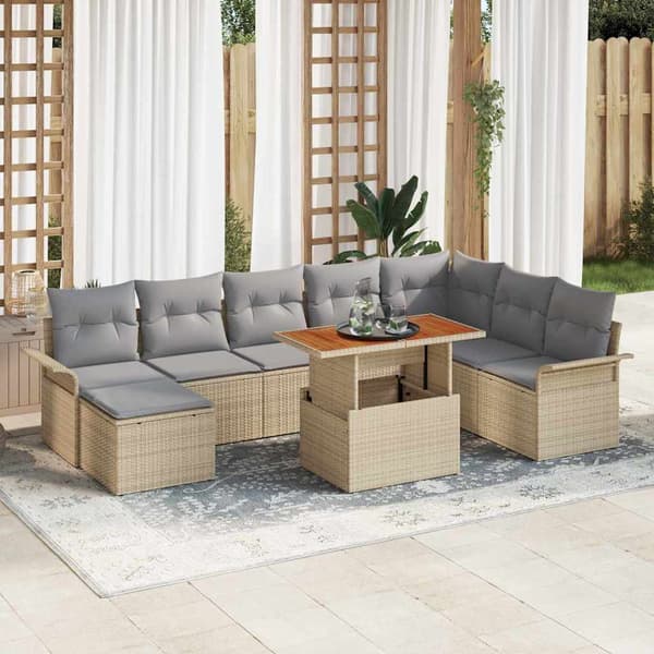 vidaXL Trädgårdsoffset med lagring 9 pcs Beige Poly rattan