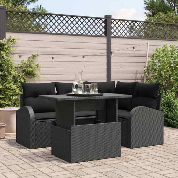 vidaXL Trädgårdsoffset med kudde 5 pcs Svart Poly rattan