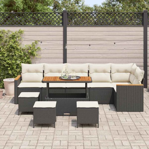 vidaXL Trädgårdsoffset med kudde 10 pcs Svart Poly rattan