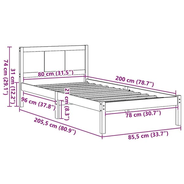 vidaXL Sängram Vit 80 x 200 cm Massivt tallträ