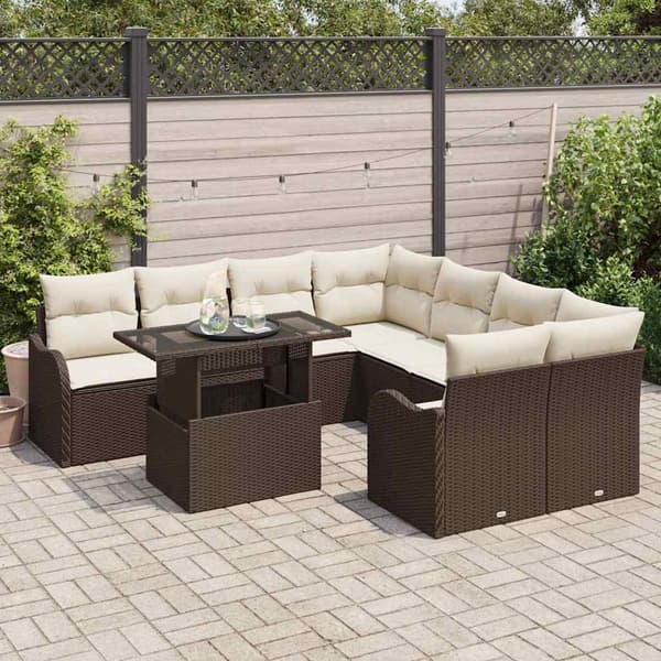 vidaXL Trädgårdsoffset med kudde 9 pcs Brun Poly rattan