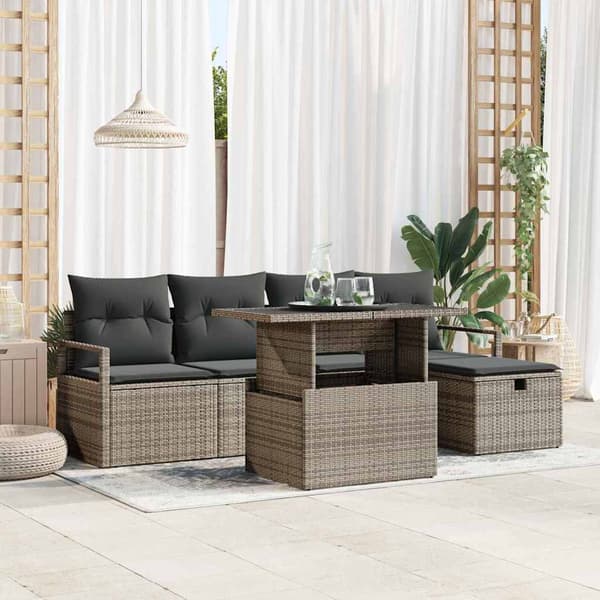vidaXL Trädgårdsoffset med kudde med lagring 6 pcs Grå Poly rattan
