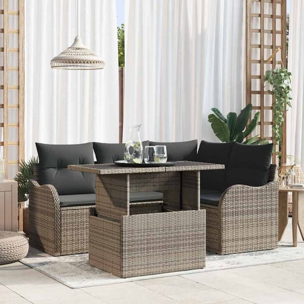 vidaXL Trädgårdsoffset med kudde med kudde 5 pcs Grå Poly Rattan