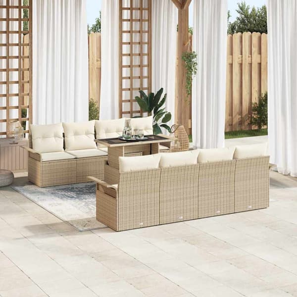 vidaXL Trädgårdsoffset med kudde 9 pcs Beige konstrotting