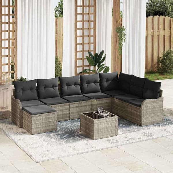 vidaXL Trädgårdsoffset med kudde 9 pcs Ljusgrå Poly rattan