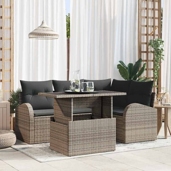 vidaXL Trädgårdsoffset med kudde med lagring 5 pcs Grå Poly rattan