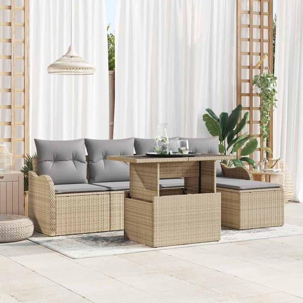 vidaXL Trädgårdsoffset med kudde 6 pcs Beige Polyrattan