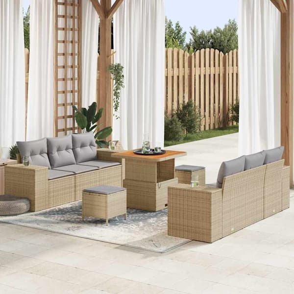vidaXL Trädgårdsoffset med kudde 9 pcs Beige och Ljusgrå Poly Rattan