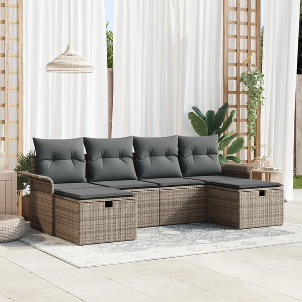 vidaXL Trädgårdsoffset med kudde med lagring 6 pcs Grå Poly rattan
