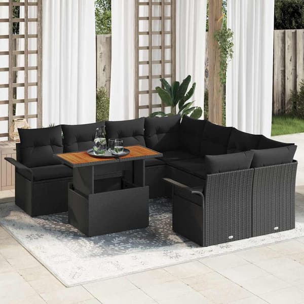 vidaXL Trädgårdsoffset med lagring 9 pcs Svart Poly rattan