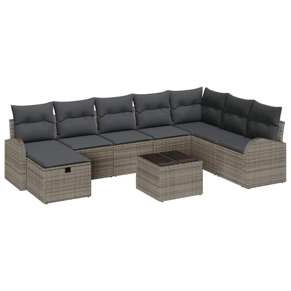 vidaXL Trädgårdsoffset med kudde med lagring 9 pcs Grå Poly rattan