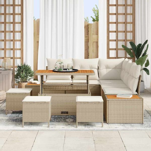 vidaXL Trädgårdsoffset med kudde med lagring 9 pcs Beige Poly rattan
