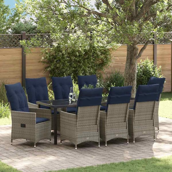 vidaXL Bord- och stolset med kudde 9 pcs Grå PE Rattan
