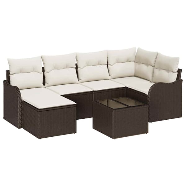vidaXL Trädgårdsoffset med kudde 7 pcs Brun och vit Poly rattan