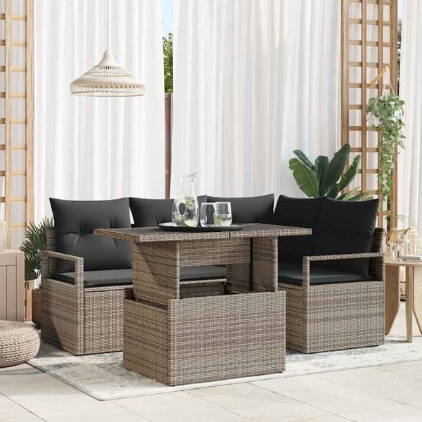 vidaXL Trädgårdsoffset med kudde med lagring 5 pcs Grå Poly rattan