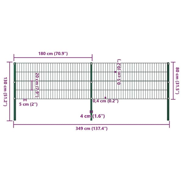 vidaXL Stängselpanel med stolpar järn 3,4x0,8 m grön