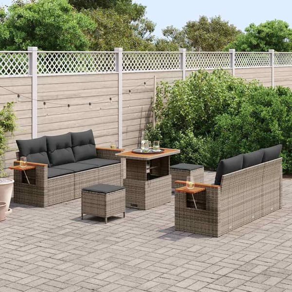 vidaXL Trädgårdsoffset 9 pcs Grå Poly Rattan och Pulverlackerad Stål
